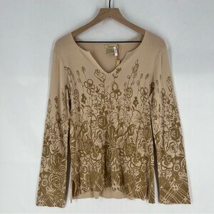 Bacci Beige Floral Print Ribbed Long Sleeve Split Neck Top NWT Size‎ M